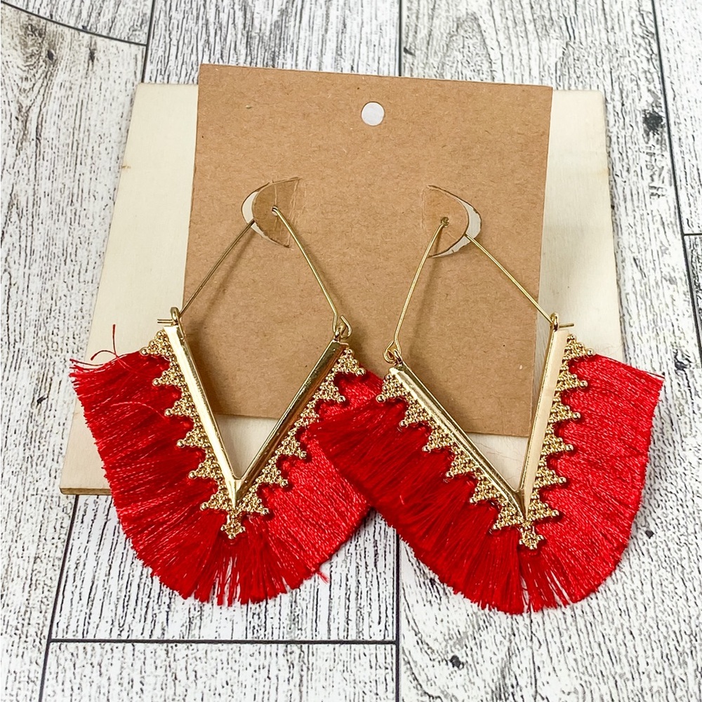 Gold Red Tassel Earrings